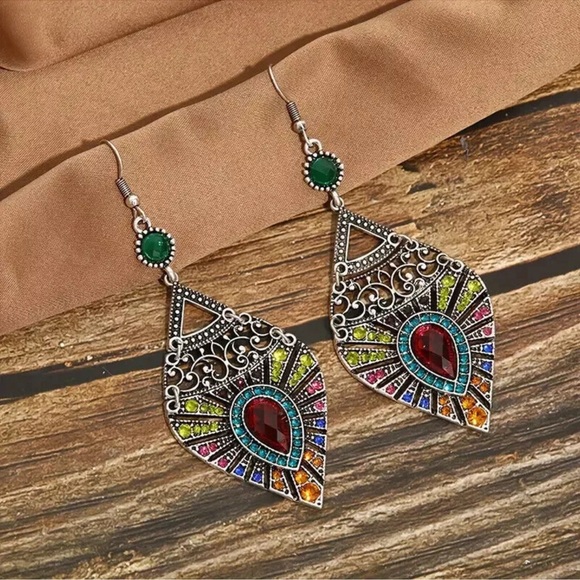 Boho Tibetan Teardrop Colorful Pendant Dangle Large Crystal Statement Earrings - Picture 3 of 7
